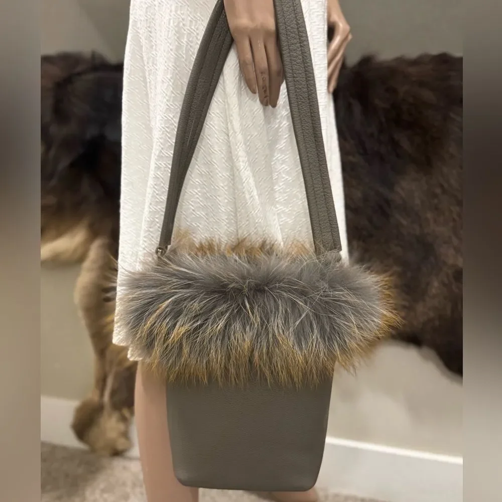 Premium Togo Cowhide with Real Fox Fur Trimmed Handmade Tote Bag/Crossbody
